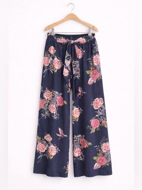ANGIE Floral Wide Leg Pants Boho Rayon High Rise Tie Waist